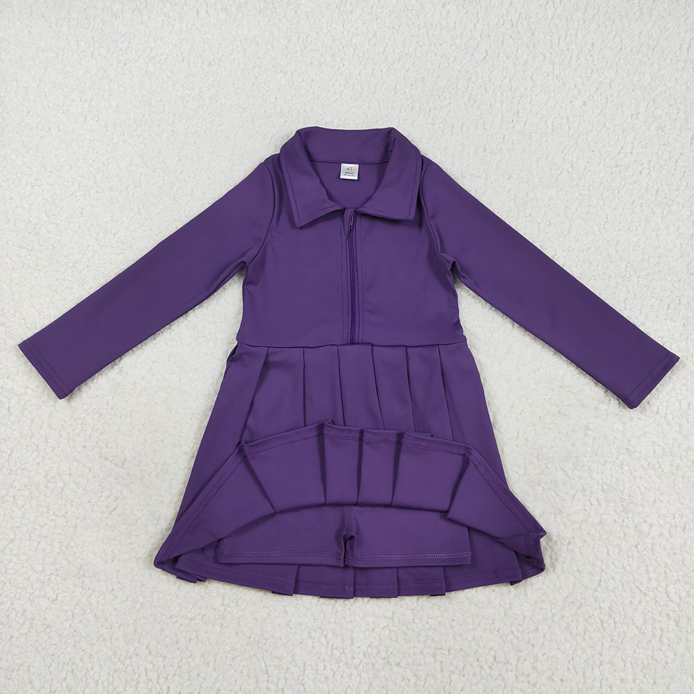 GLD1152 toddler girl clothes Purple Long Sleeve Zip athletic yoga Pleated dresses