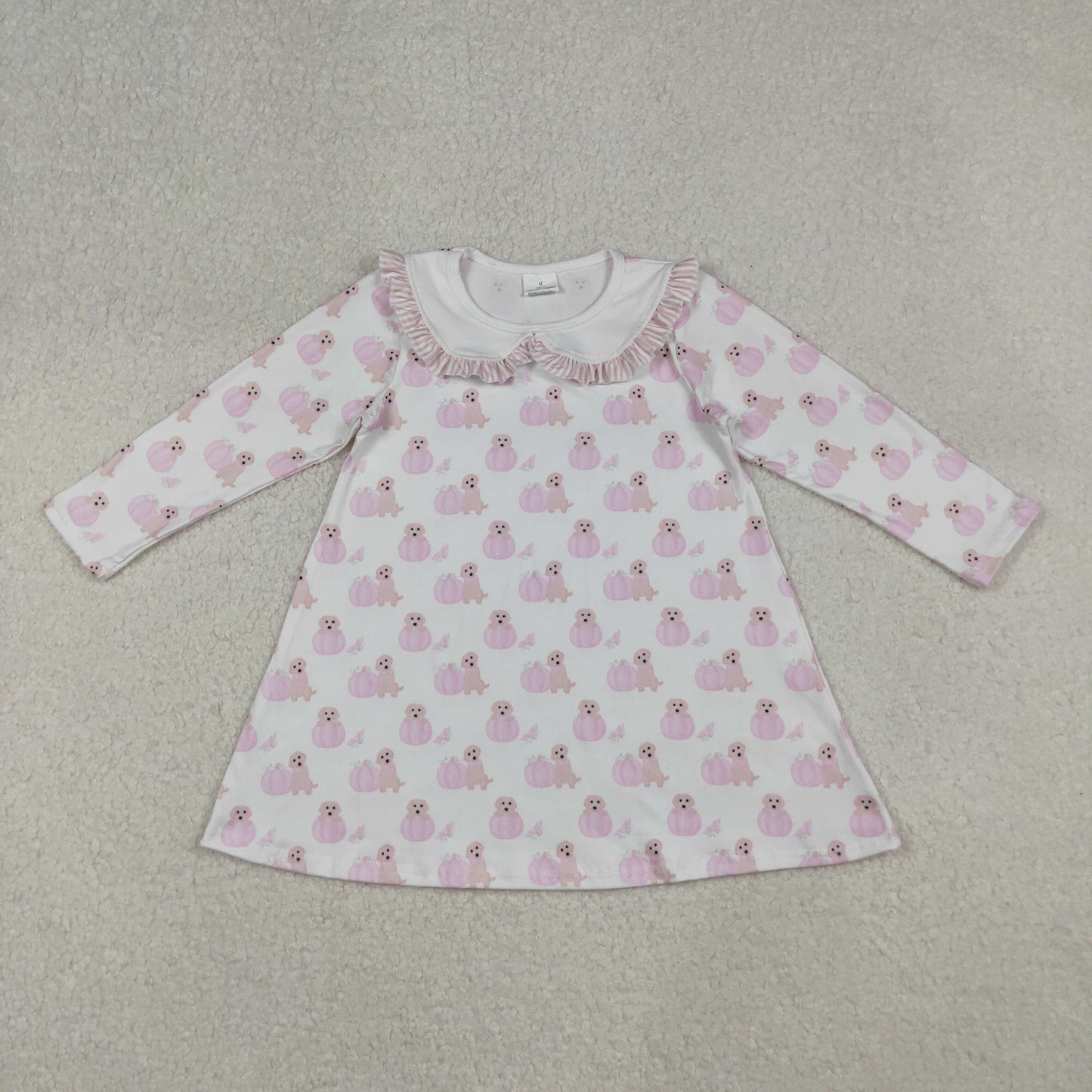 GLD1157 Baby Girls Pink Dogs Pumpkins Plaid Fall Collar Knee Length Dresses