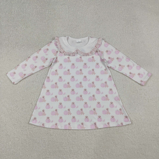 GLD1157 Baby Girls Pink Dogs Pumpkins Plaid Fall Collar Knee Length Dresses