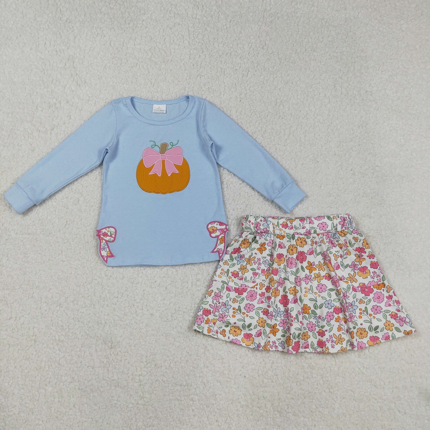 GLD1172 Baby Girls Embroidery Bow Pumpkins Top Floral Skirt Shorts Fall Clothes Sets