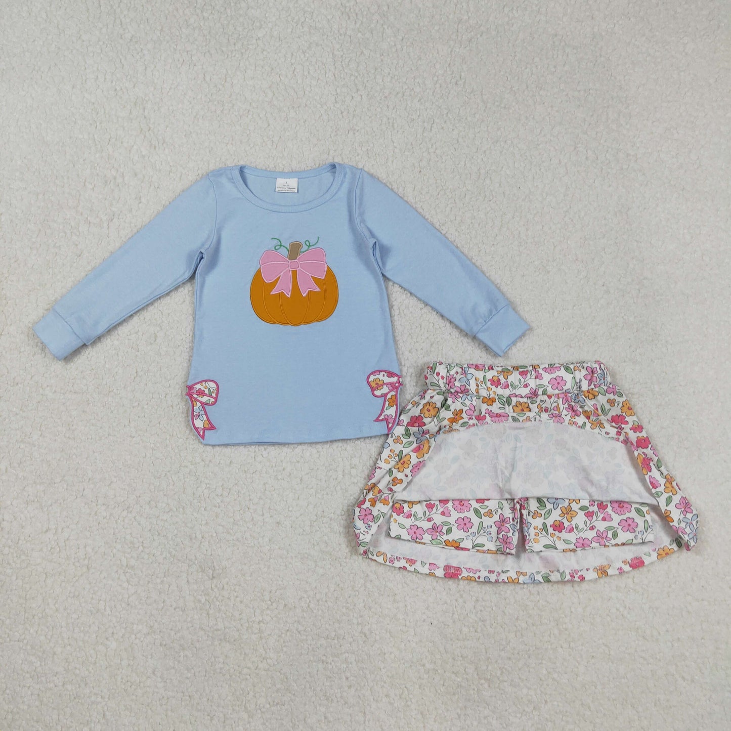 GLD1172 Baby Girls Embroidery Bow Pumpkins Top Floral Skirt Shorts Fall Clothes Sets