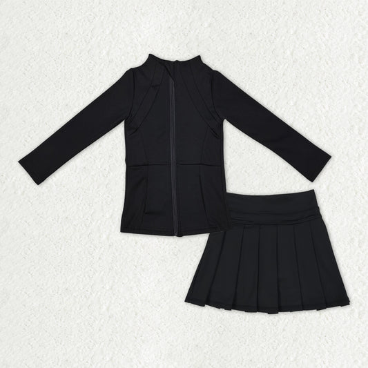 GLD1193 Baby Girls Black Zipper Pocket Jacket Pleated Skirt Shorts Yoga Active Clothes Sets