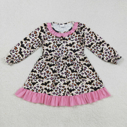 GLD1224 Baby Girls Black Bats Leopard Halloween Ruffle Sleeve Knee Length Dresses