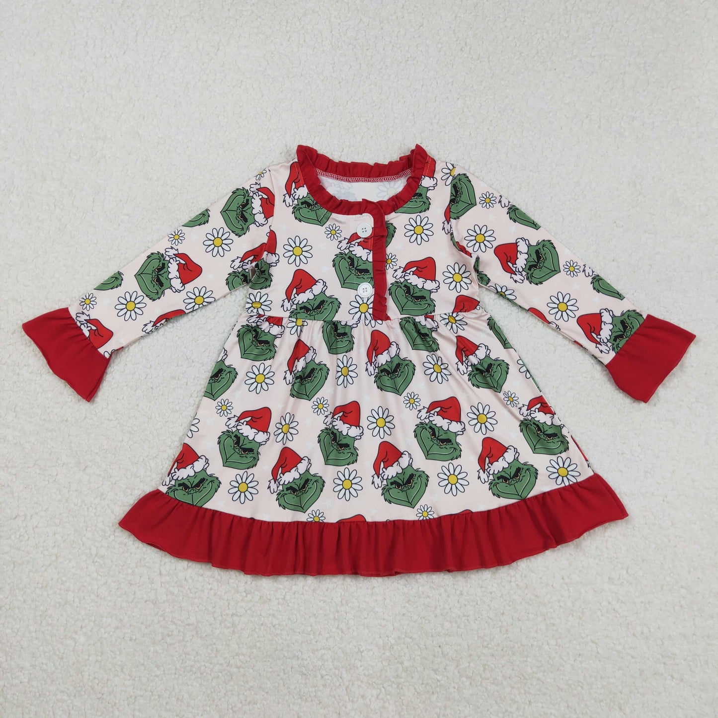 GLD1230 Baby Girls Flowers Grin Button Ruffle Sleeve Christmas Knee Length Dresses