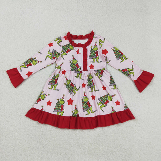 GLD1236 Baby Girls Stars Trees Grin Ruffle Sleeve Christmas Knee Length Dresses