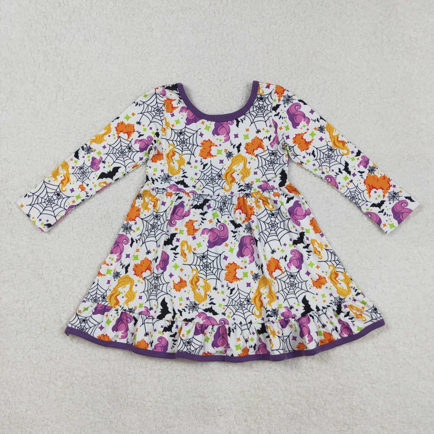 GLD1249 Baby Girls Bats Hairs Spiders Halloween Ruffle Knee Length Dresses