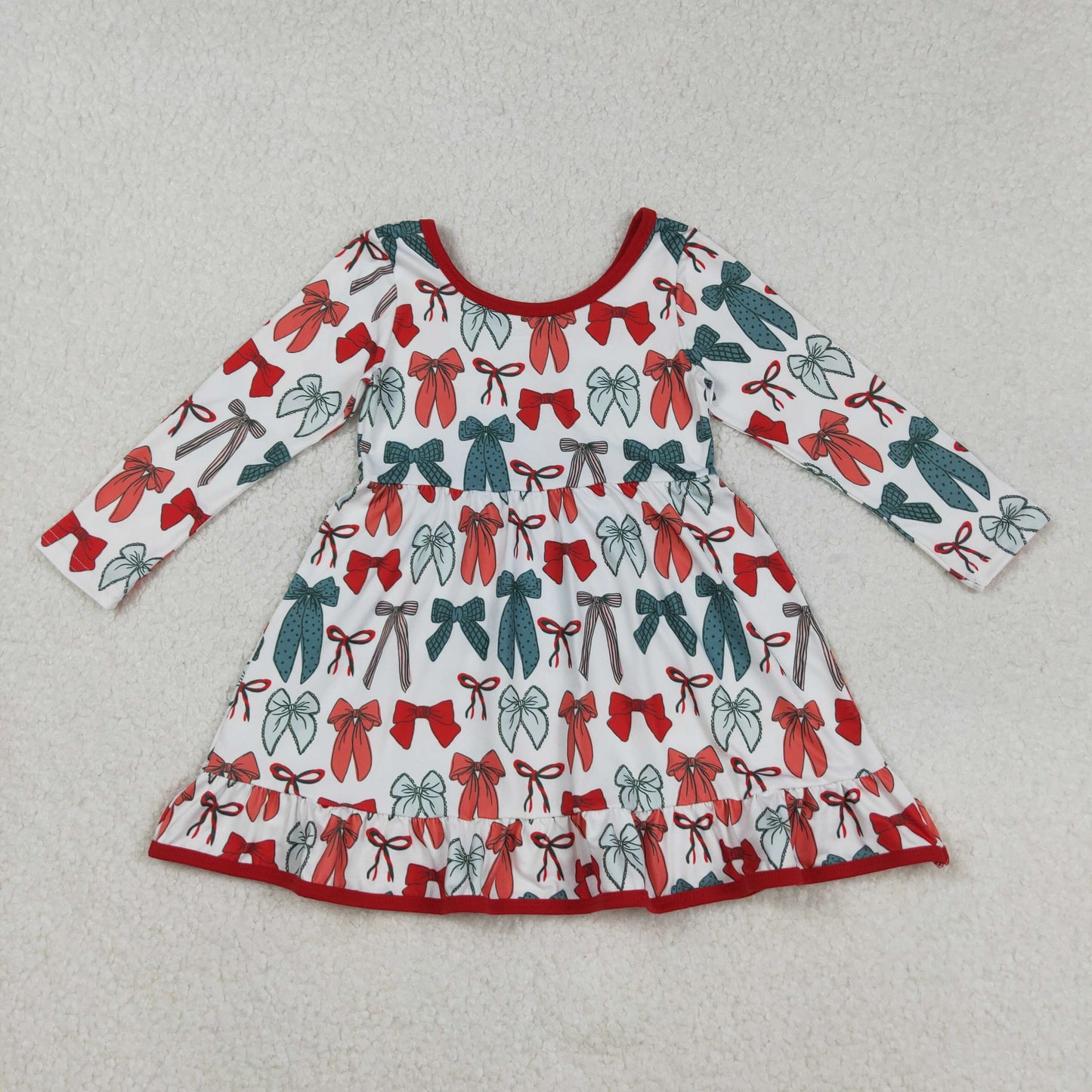 Sibling Baby Girls Green Red Bows Long Sleeves Christmas Knee Length Dresses