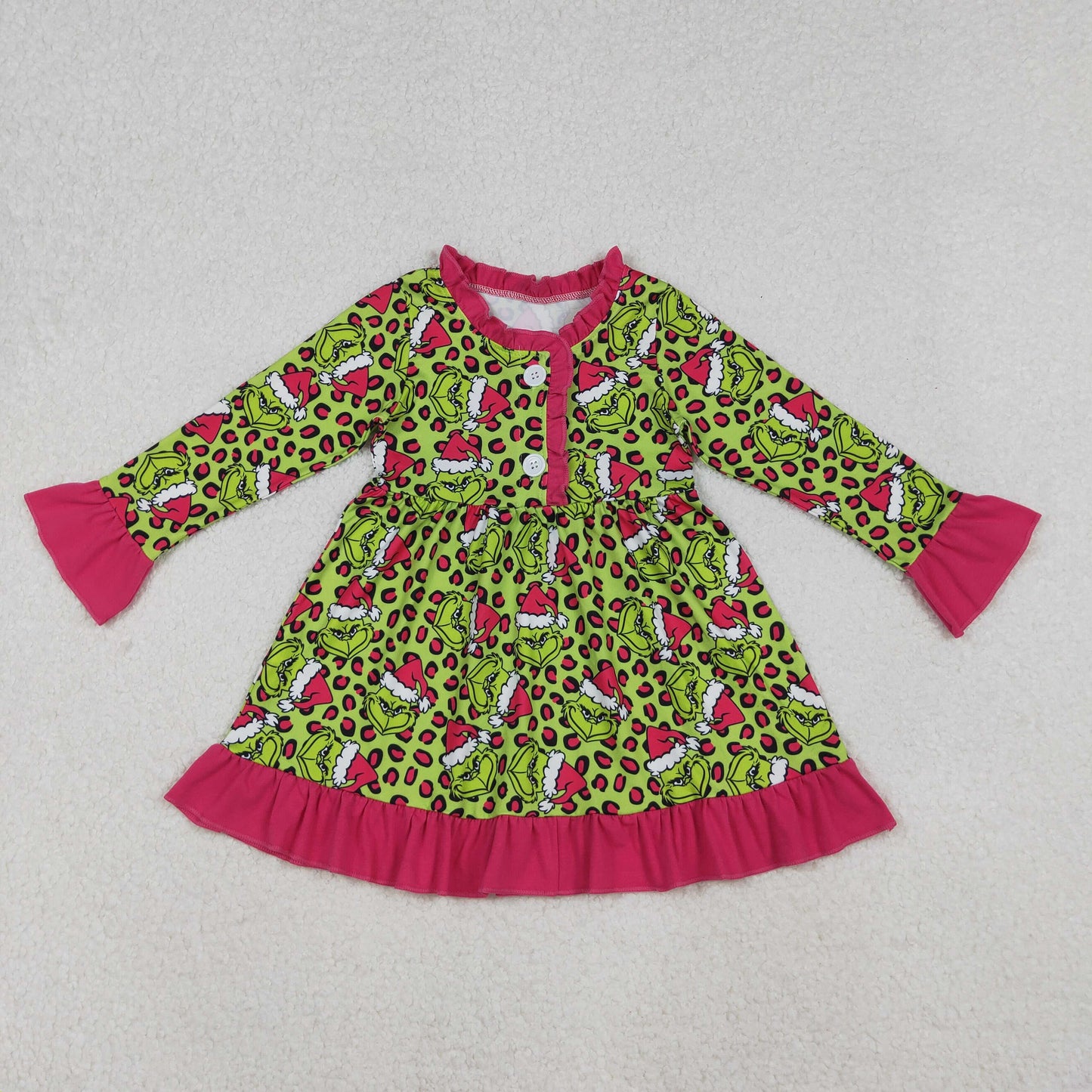 GLD1254 Baby Girls Green Leopard Grin Christmas Button Ruffle Knee Length Dresses
