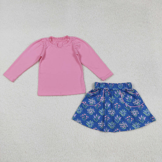 GLD1256 Baby Girls Pink Long Sleeve Shirt Top Flowers Pockets Skirt Shorts Clothes Sets