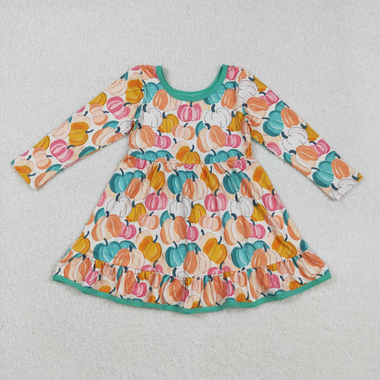 GLD1264 Baby Girls Colorful Pumpkins Fall Ruffle Knee Length Dresses