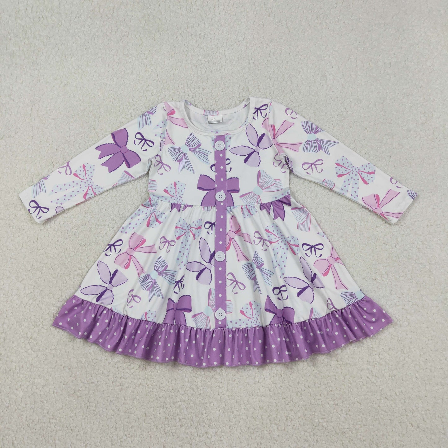 GLD1271 Baby Girls Purple Bows Button Polka Dots Ruffle Knee Length Dresses
