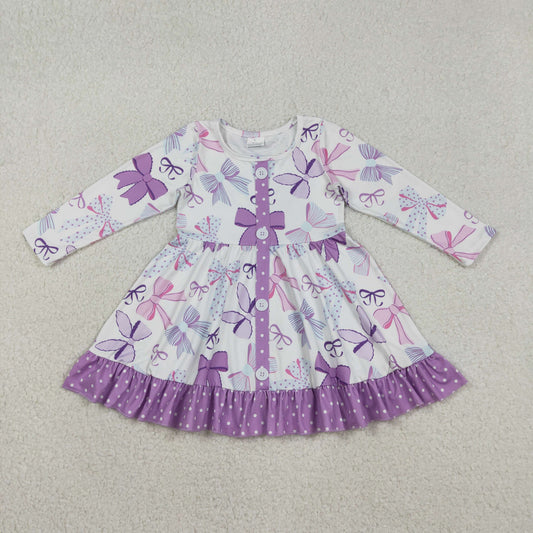 GLD1271 Baby Girls Purple Bows Button Polka Dots Ruffle Knee Length Dresses
