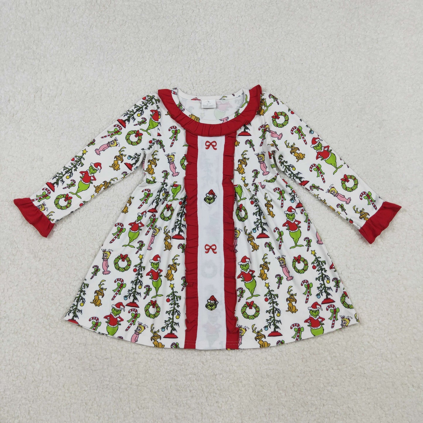 GLD1289 Baby Girls Embroidery Bows Grin Christmas Ruffle Collar Knee Length Dresses
