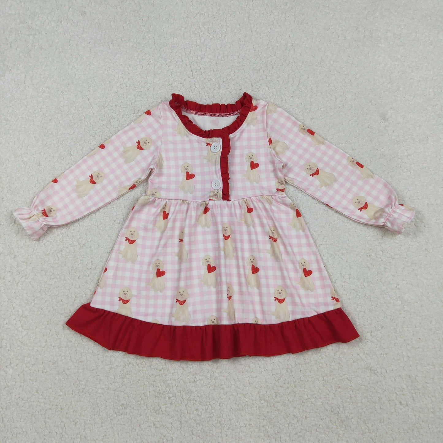 GLD1322 Baby Girls Pink Checked Hearts Dogs Valentine Button Ruffle Knee Length Dresses