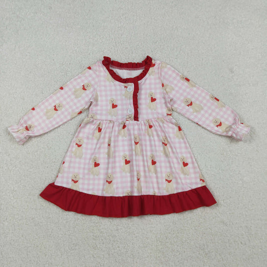 GLD1322 Baby Girls Pink Checked Hearts Dogs Valentine Button Ruffle Knee Length Dresses