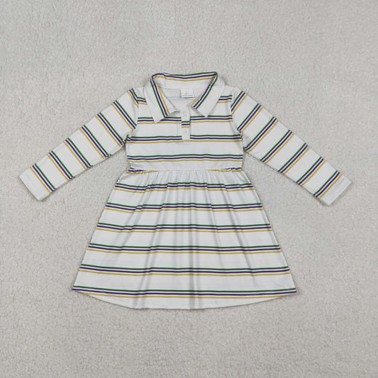 GLD1331 Baby Girls Mardigras Stripes Button Knee Length Dresses