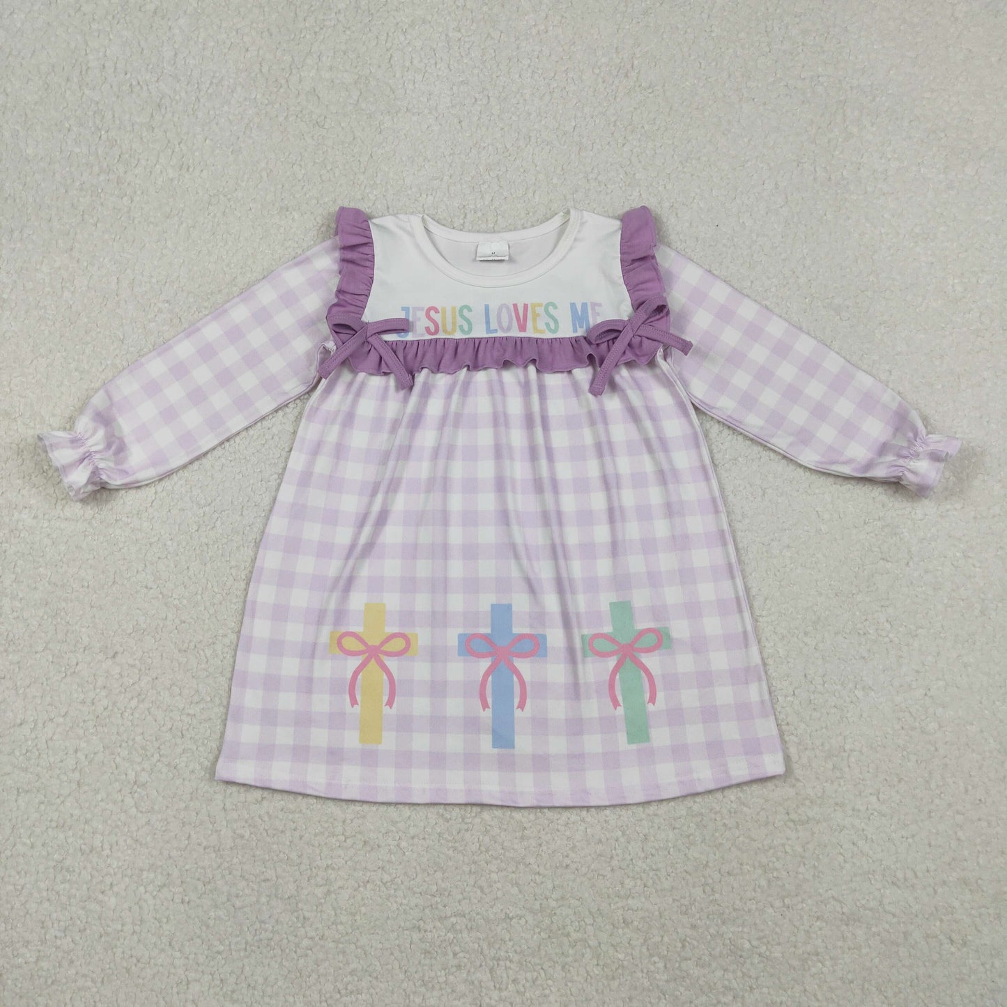 GLD1356 Baby Girls Lavender Checked Bows Crosses Jesus Loves Me Easter Knee Length Dress