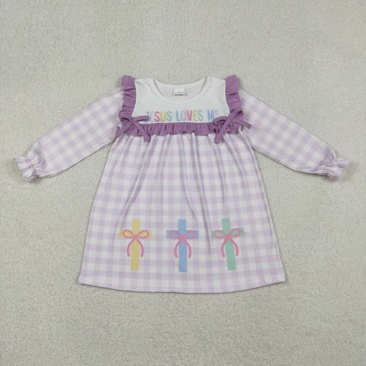 GLD1356 Baby Girls Lavender Checked Bows Crosses Jesus Loves Me Easter Knee Length Dress