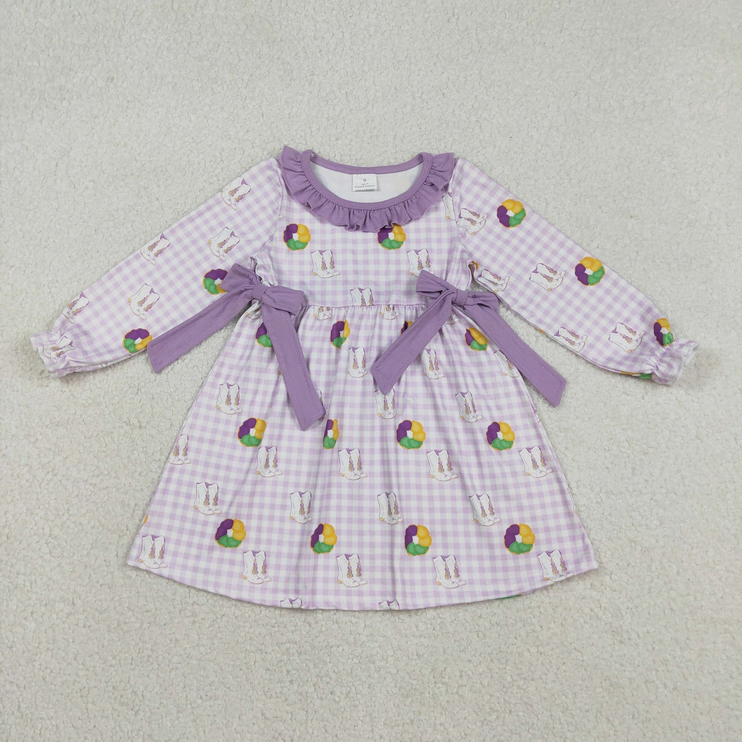 GLD1379 Baby Girls Mardigras Donuts Boots Checked Bows Collar Knee Length Dresses