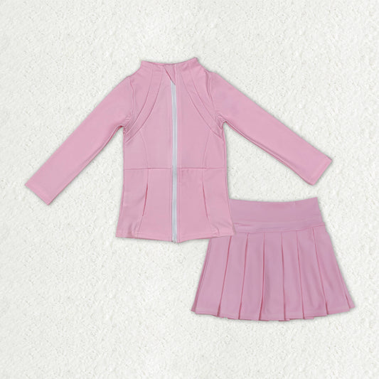 GLD1380 Baby Girls Pink Zipper Pocket Jacket Pleated Skirt Shorts Yoga Active Clothes Sets