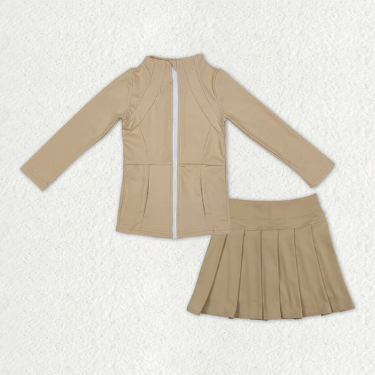 GLD1381 Baby Girls Khaki Zipper Pocket Jacket Pleated Skirt Shorts Yoga Active Clothes Sets