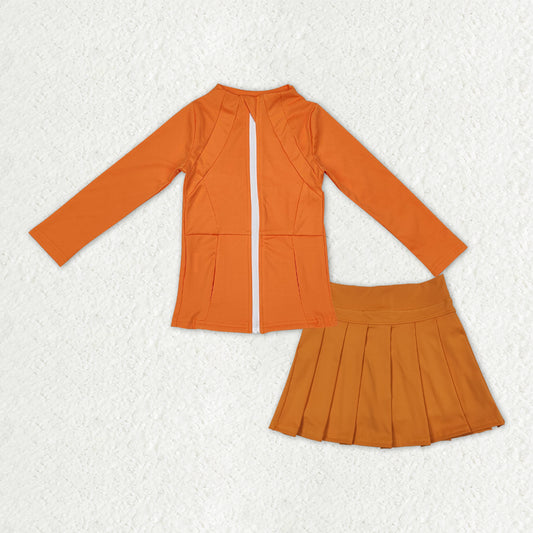GLD1382 Baby Girls Orange Zipper Pocket Jacket Pleated Skirt Shorts Yoga Active Clothes Sets