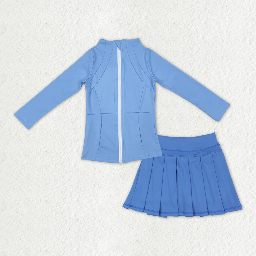 GLD1383 Baby Girls Blue Zipper Pocket Jacket Pleated Skirt Shorts Yoga Active Clothes Sets