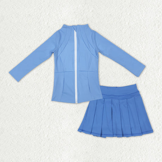 GLD1383 Baby Girls Blue Zipper Pocket Jacket Pleated Skirt Shorts Yoga Active Clothes Sets