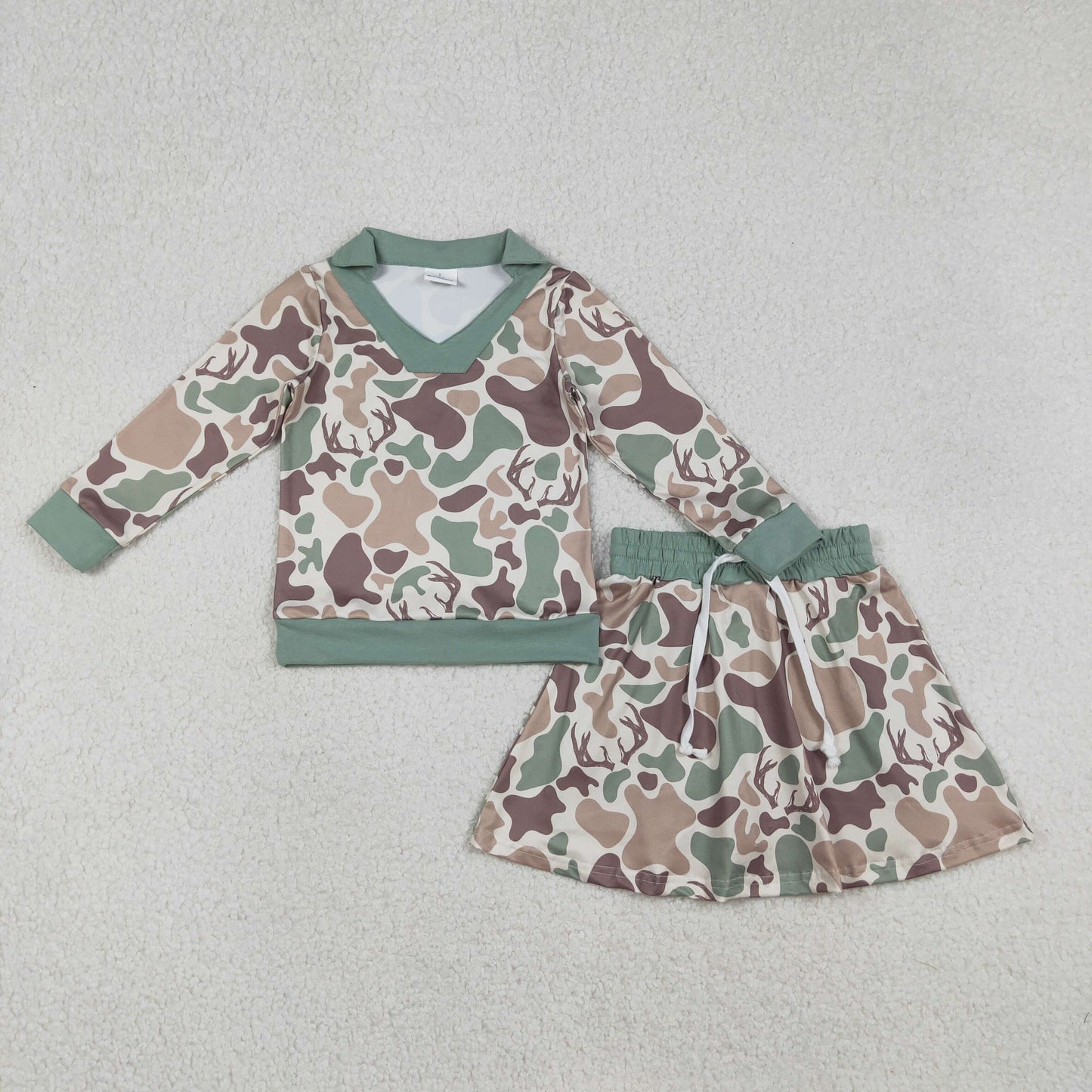 GLD1477 Baby Girls Southern Green Camo Long Sleeve Top Skirt Shorts Clothes Sets