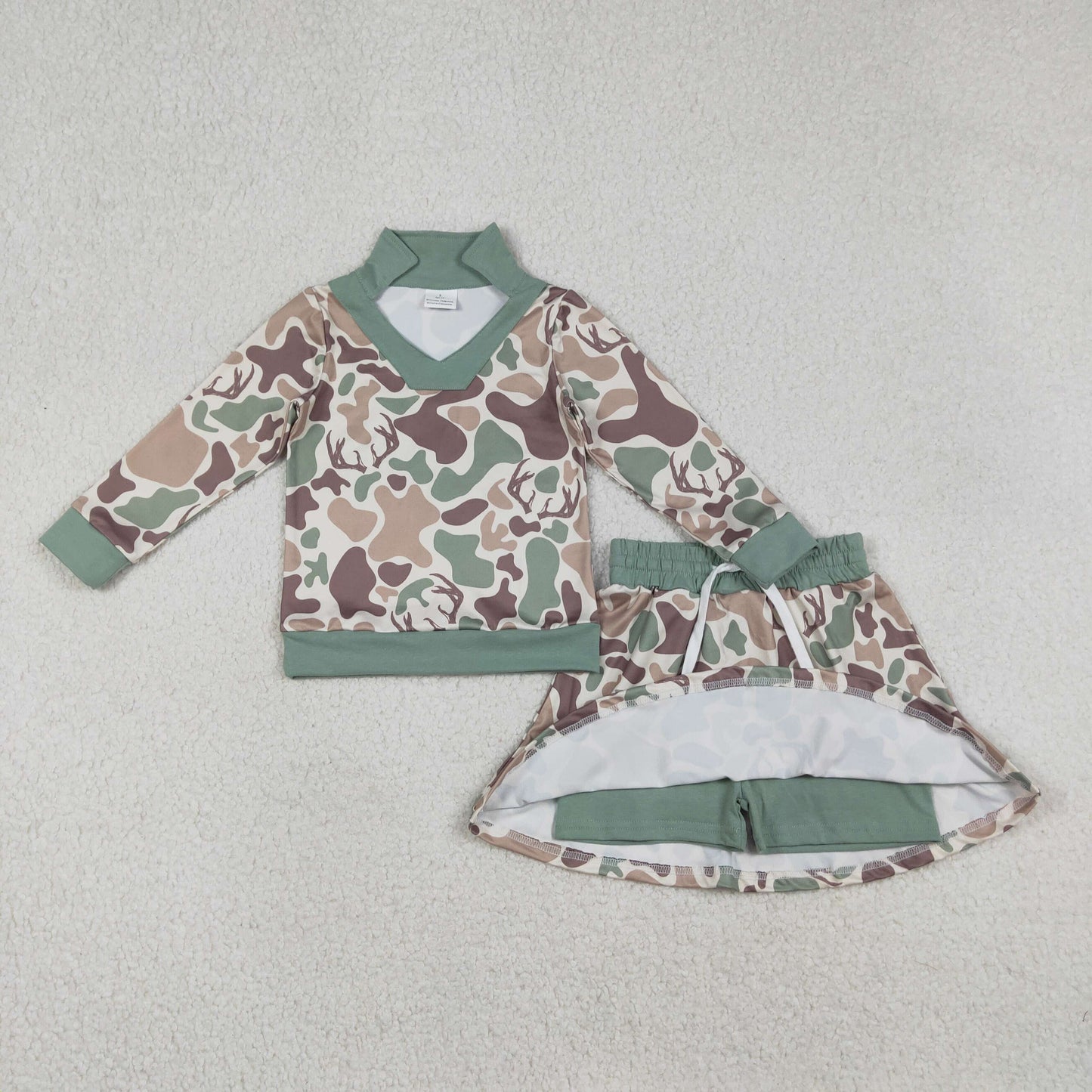 GLD1477 Baby Girls Southern Green Camo Long Sleeve Top Skirt Shorts Clothes Sets