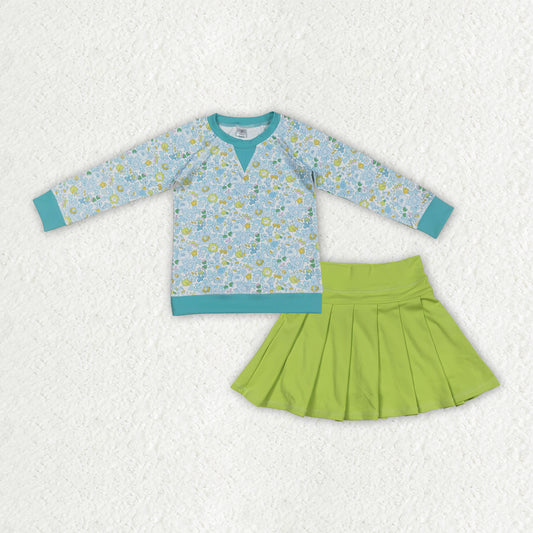 GLD1570 Baby Girls Floral Long Sleeve Top Green Pleated Skirt Short Yoga Active Clothes Sets