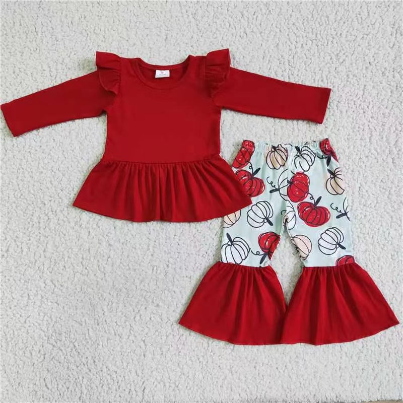 Sibling Baby Girls Long Ruffle Sleeves Flowers Pumpkins Tunic Pants Fall Clothes Sets