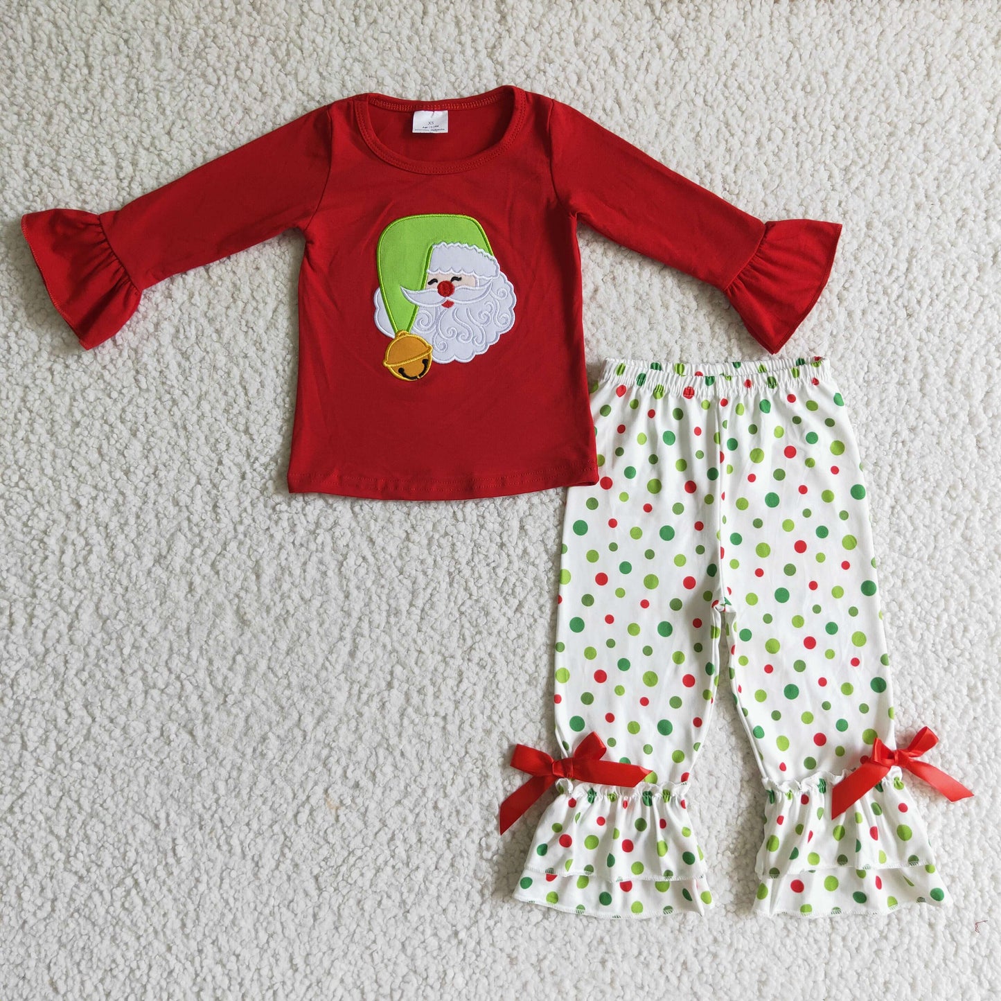 Embroidery Santa Sibling Baby Girls Tunic Top Pants Christmas Pajamas Clothes Sets