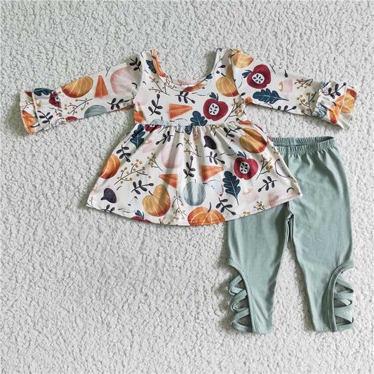 girls pumpkin floral tops leggings suits GLP0113