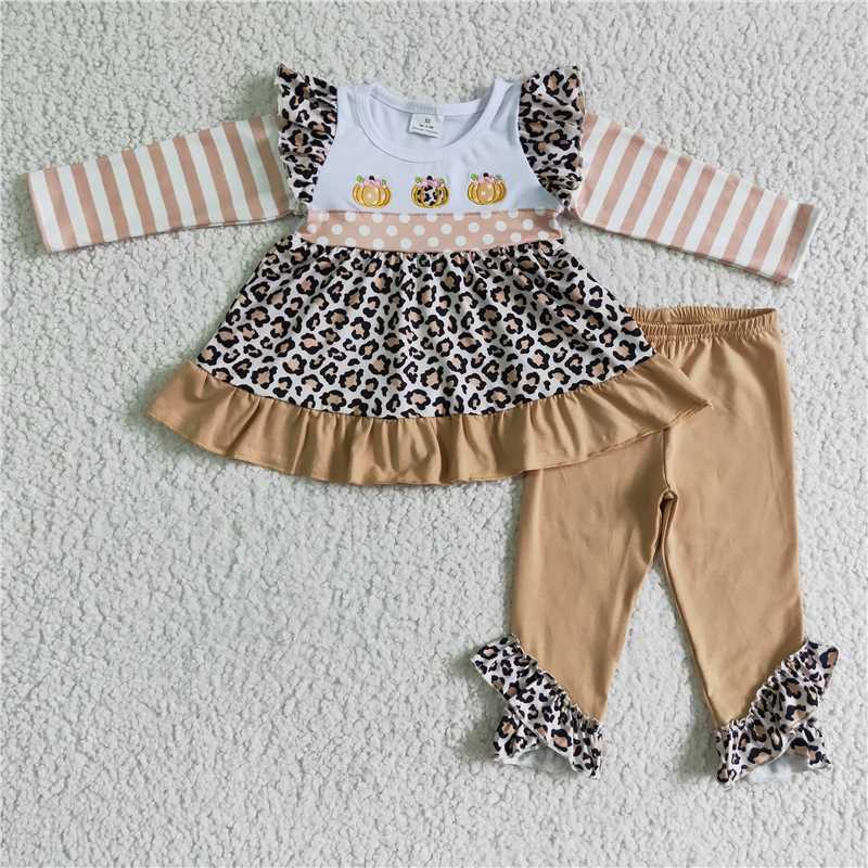 girls Pumpkin embroidery leopard suits GLP0184