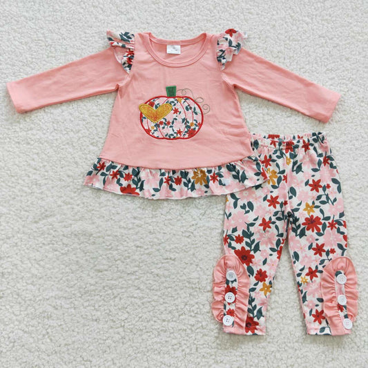 girl pink embroidery pumpkin floral long sleeve long pants outfit GLP0426