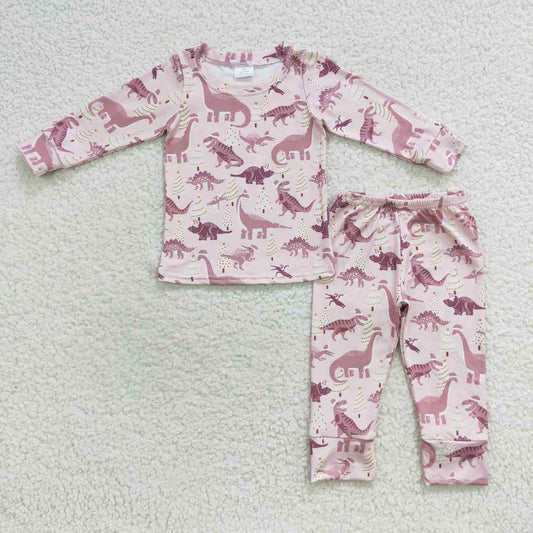 girls dinosaur print pink pajamas sets GLP0482