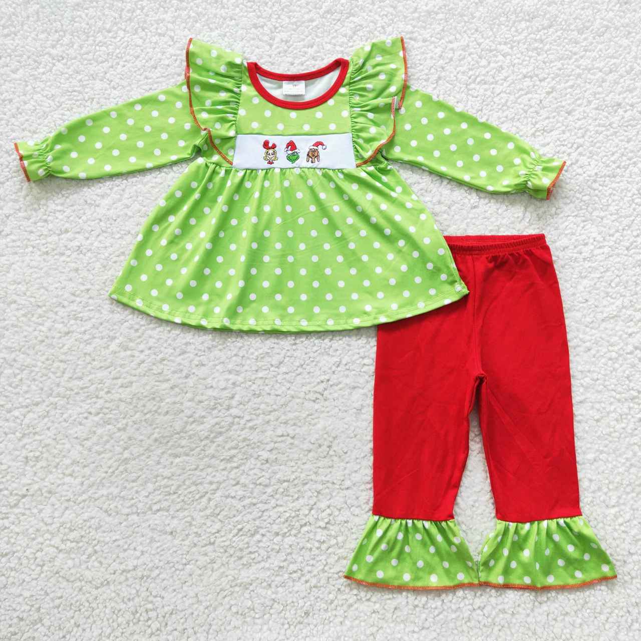 girls Christmas embroidery green polka dot suits GLP0494