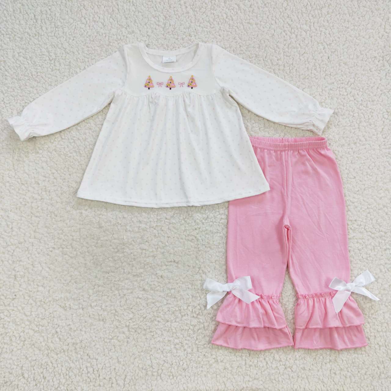 Christmas tree embroidery white top pink pants girl outfit GLP0505