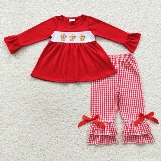 Christmas ginger embroidery red plaid girl outfit GLP0506