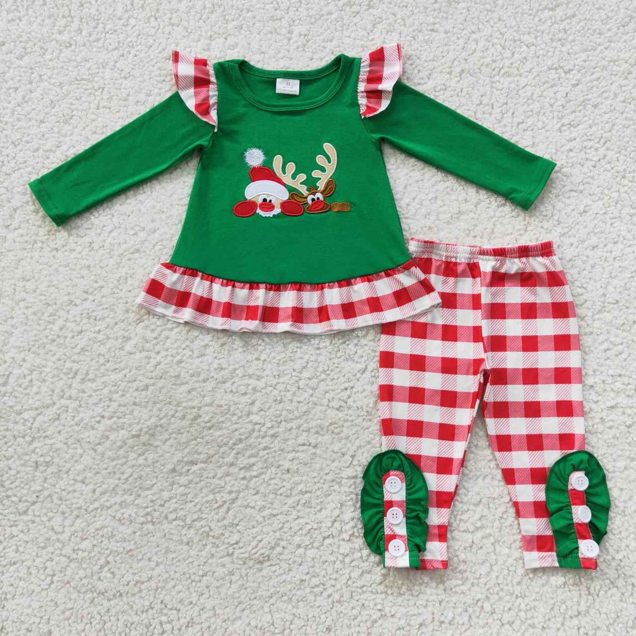 Sibling Baby Kids Embroidery Santa Deer Green Sleeves Christmas Clothes Sets Footie Rompers