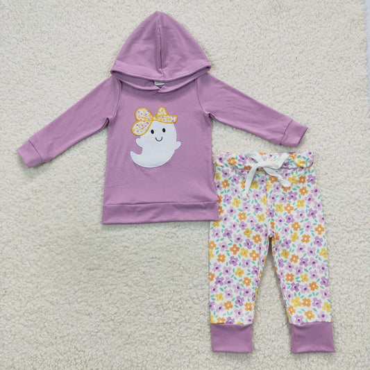 Halloween bow embroidery ghost purple hoodies suits GLP0530