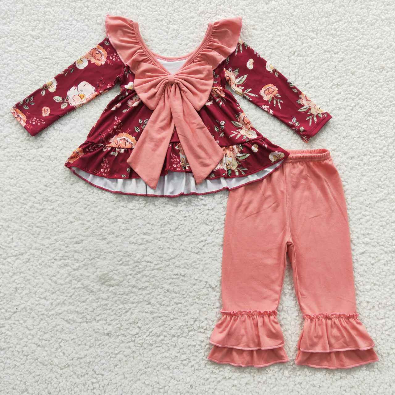 fall girl floral back bow top outfit GLP0532