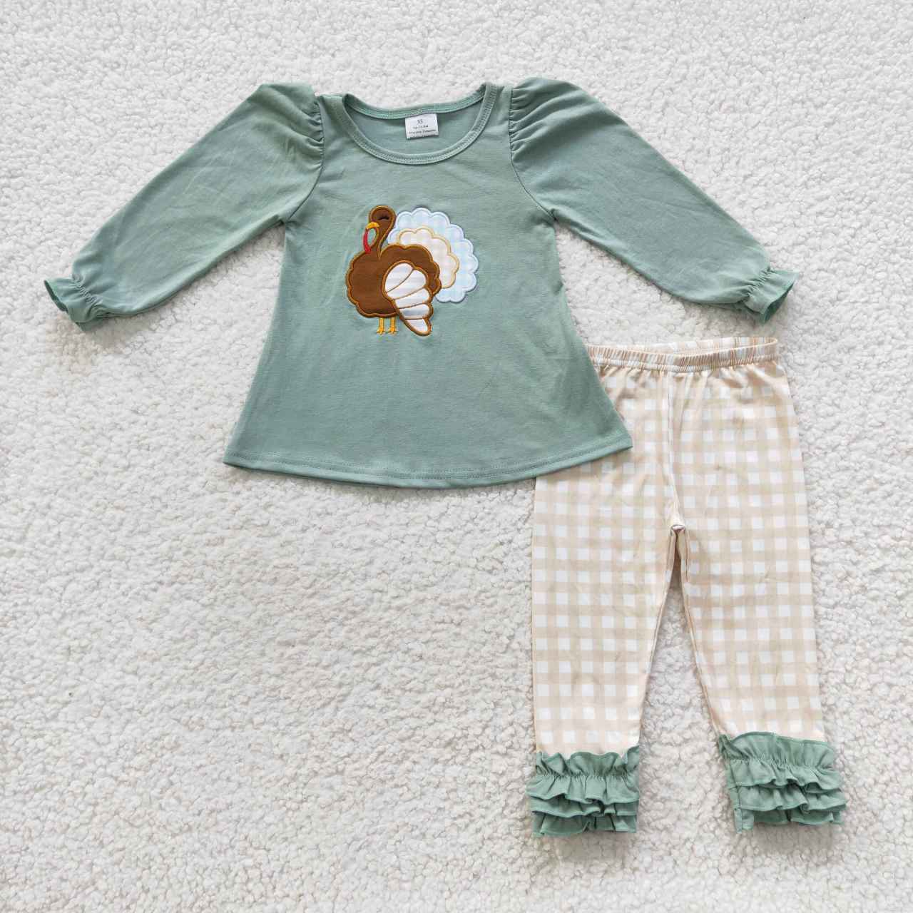 fall girl green turkey embroidery outfit GLP0534