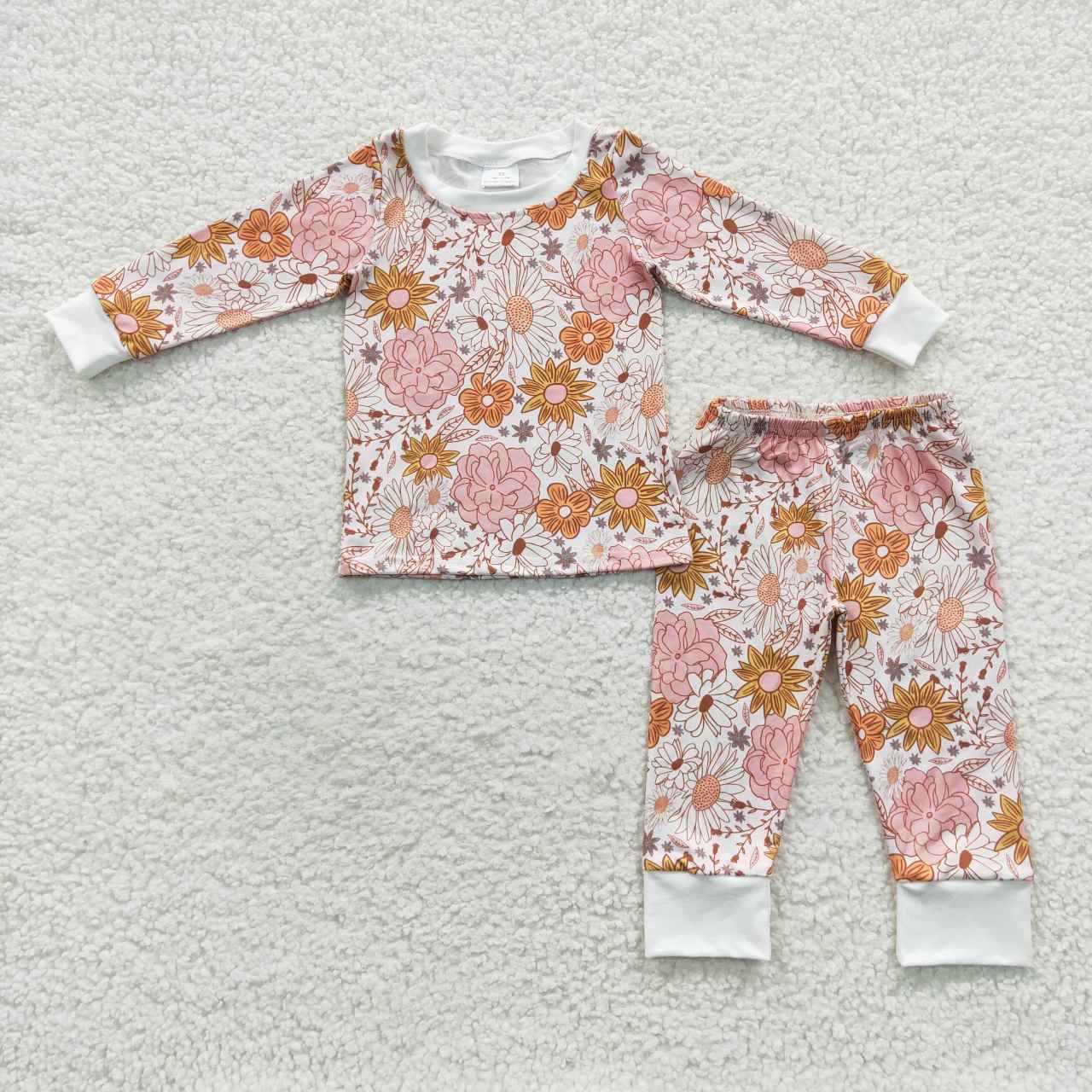 Sibling Baby Girls Orange Pink Daisy Flowers op Pants Pajamas Sets Zipper Rompers