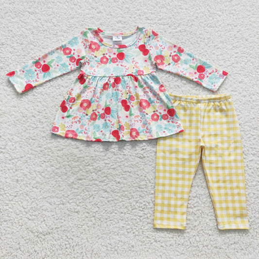 girl tunic floral top yellow plaid clothes outfit GLP0581