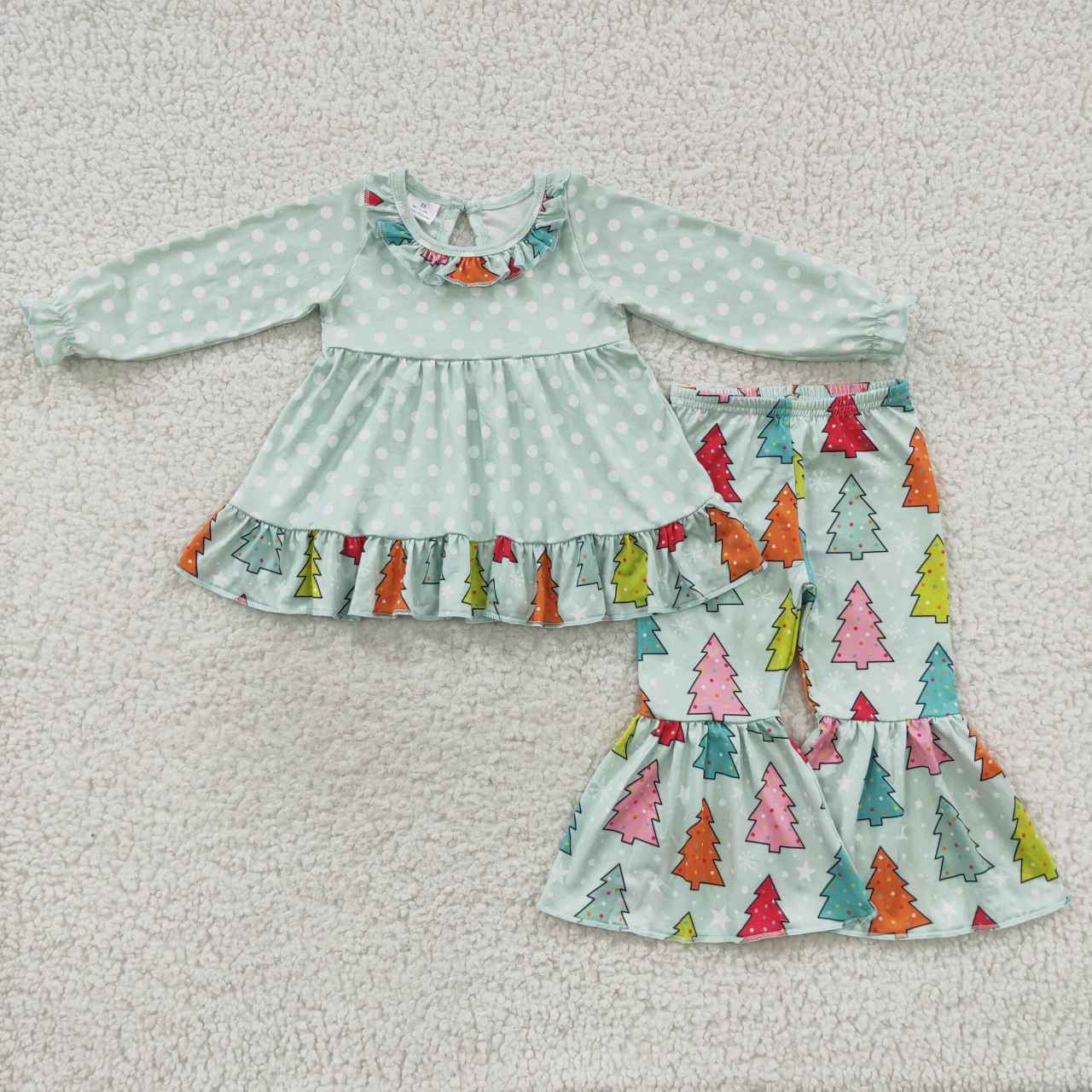 Sibling Baby Girls Long Ruffle Sleeves Santa Trees Lights Tunic Pants Christmas Clothes Sets