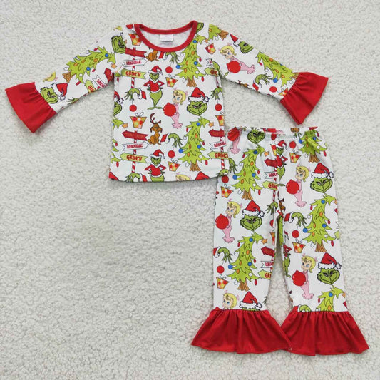 Christmas cartoon hreen monster ruffle sleeve pajamas set GLP0619