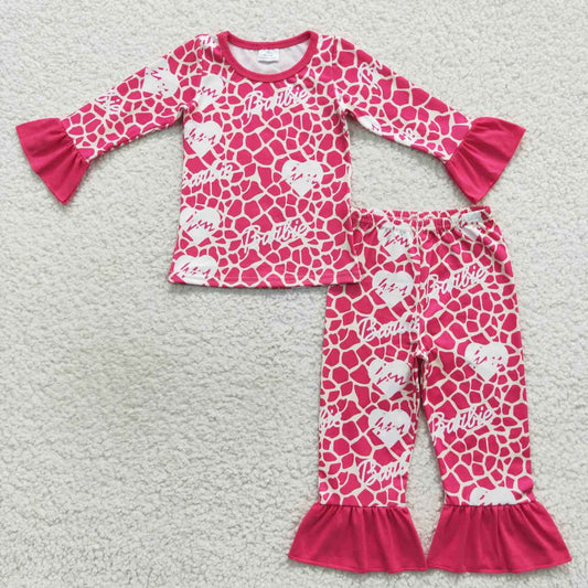 girl pink heart leopard print pajamas set GLP0653