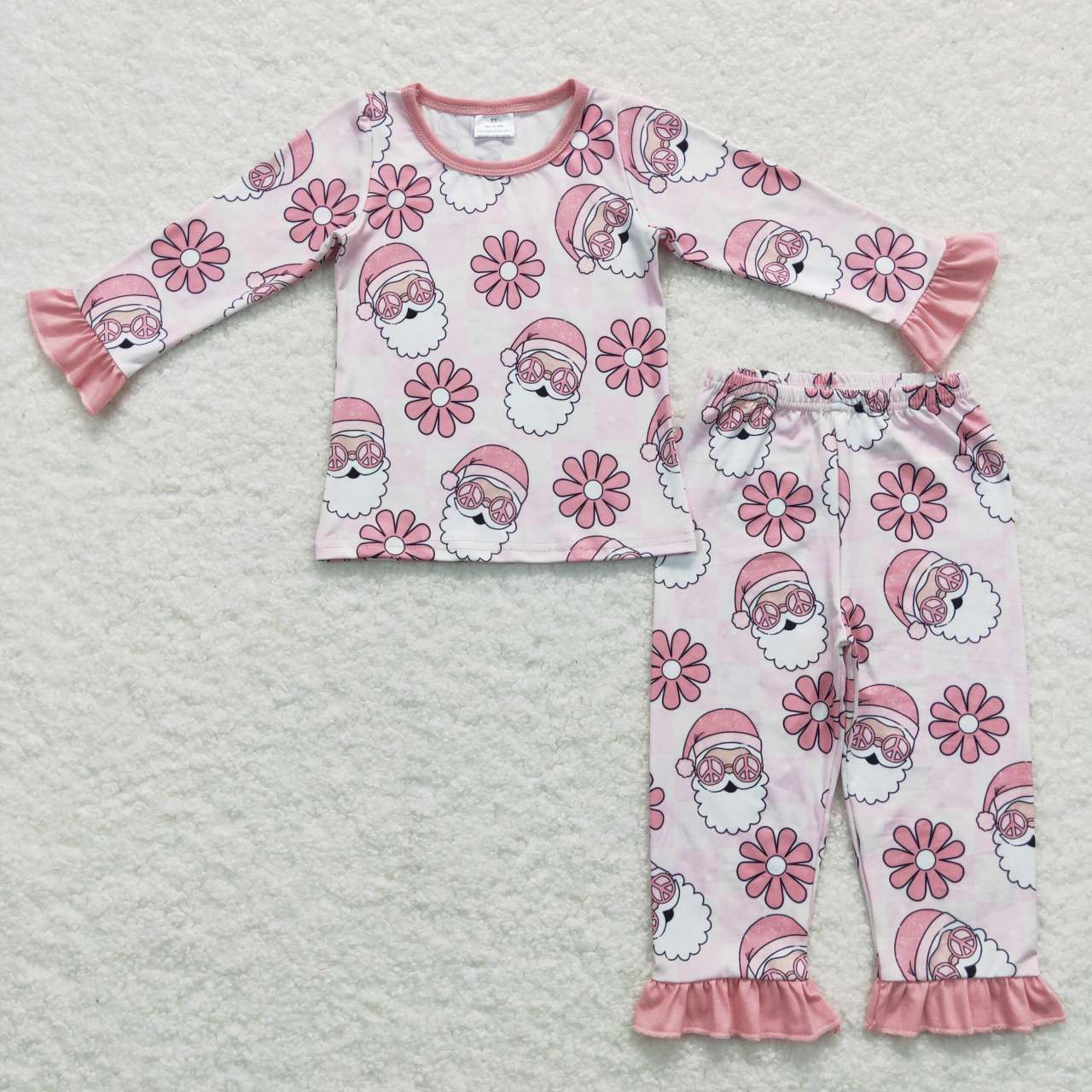 Sibling Baby Girls Pink Santa Flowers Top Pants Christmas Pajamas Sets Ruffle Zipper Rompers